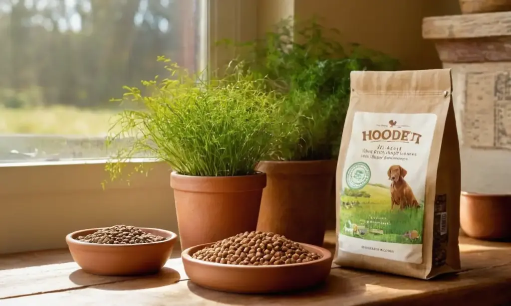 Mesa rústica con comida de perro y plantas