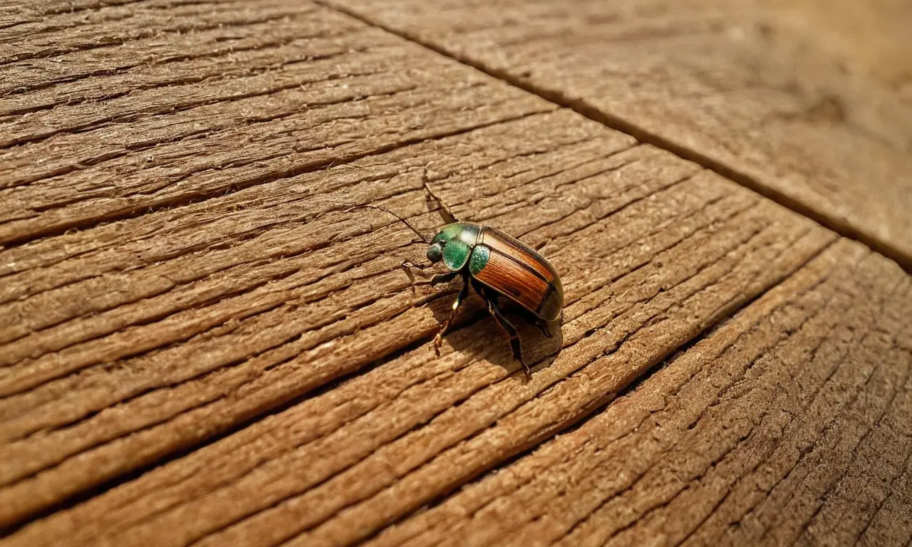 Madera envejecida con un escarabajo brillante