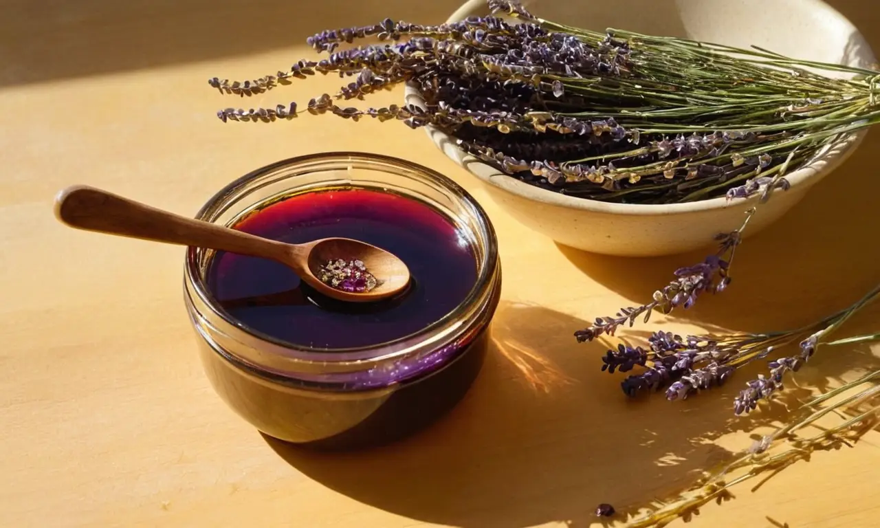 Mesa de madera con aceites y flores