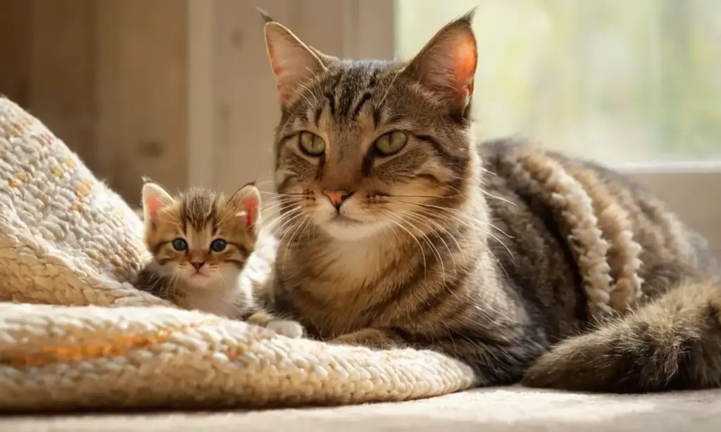 Madre gata y sus adorables gatitos descansan