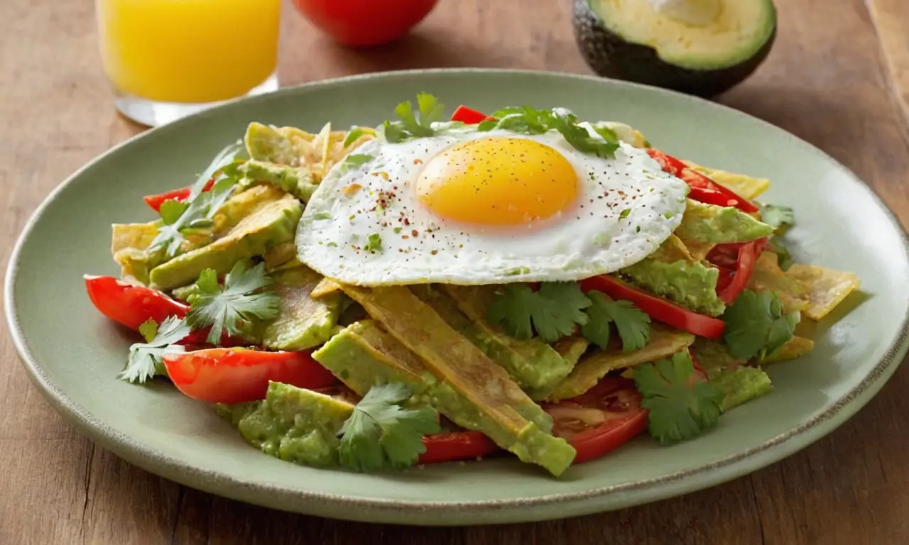 Chilaquiles coloridos con huevo y aguacate