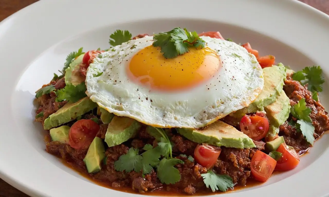 Chilaquiles vibrantes con huevo y vegetales frescos