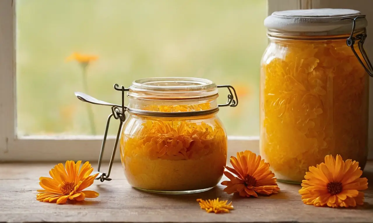 Tarro de crema de caléndula en cocina acogedora