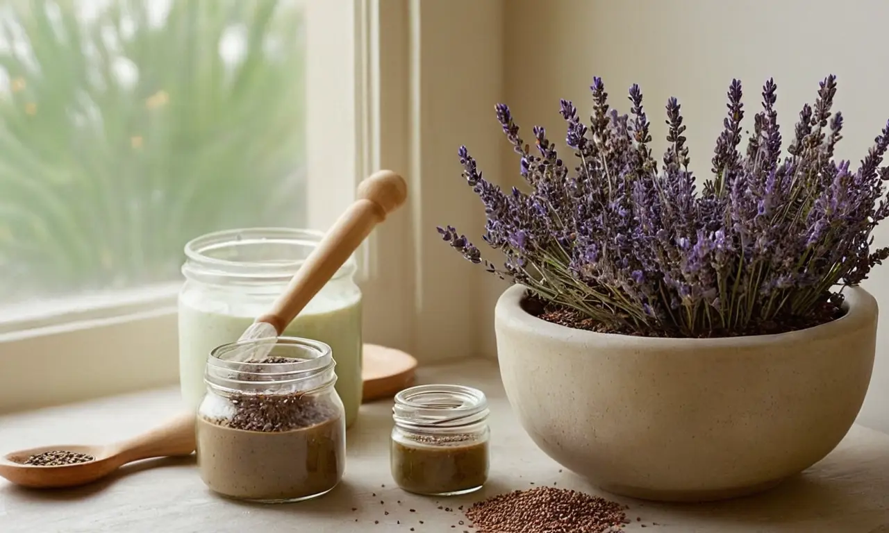 Mesa de madera con productos naturales dispuestos
