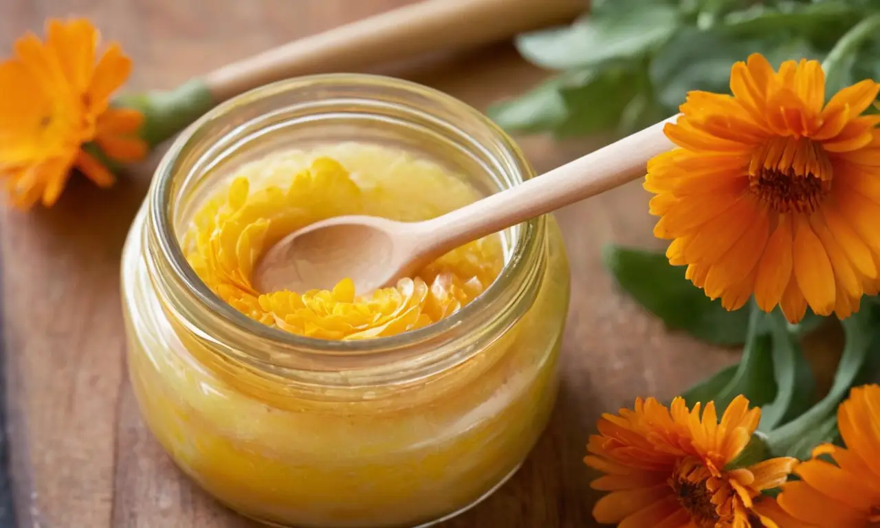 Frasco con crema de caléndula y flores