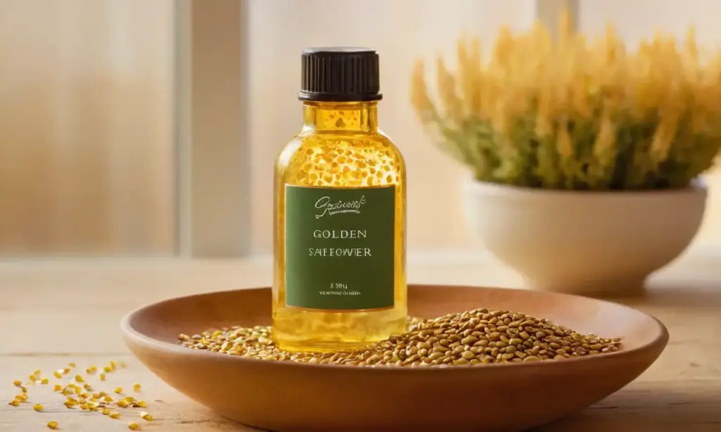 Aceite de cártamo dorado en botella elegante