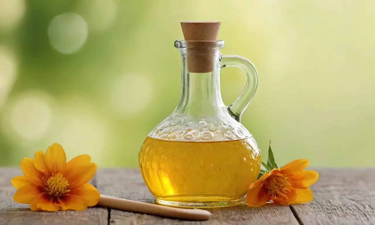Botella de aceite rodeada de pétalos frescos