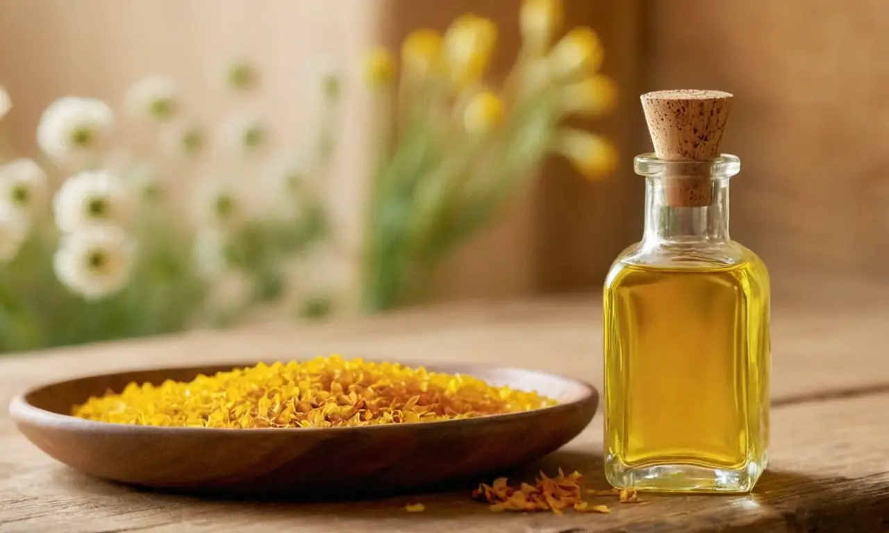 Botella de aceite de cártamo en la mesa