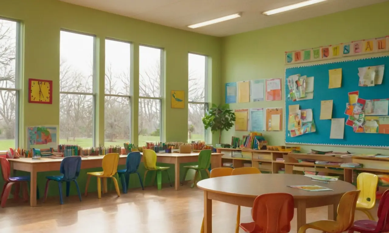 Aula iluminada, niños atentos y naturaleza viva