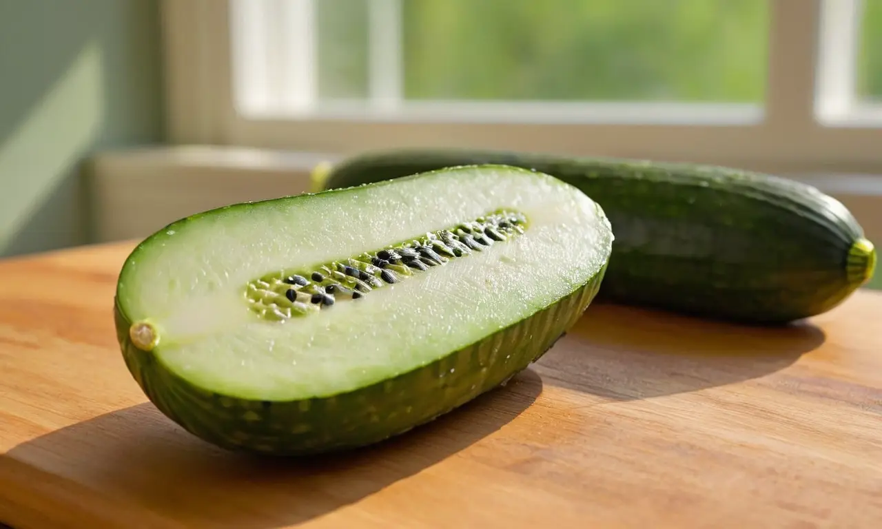 Pepino fresco en tabla con luz cálida