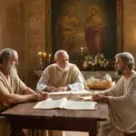 Dos filósofos debatiendo junto a una mesa