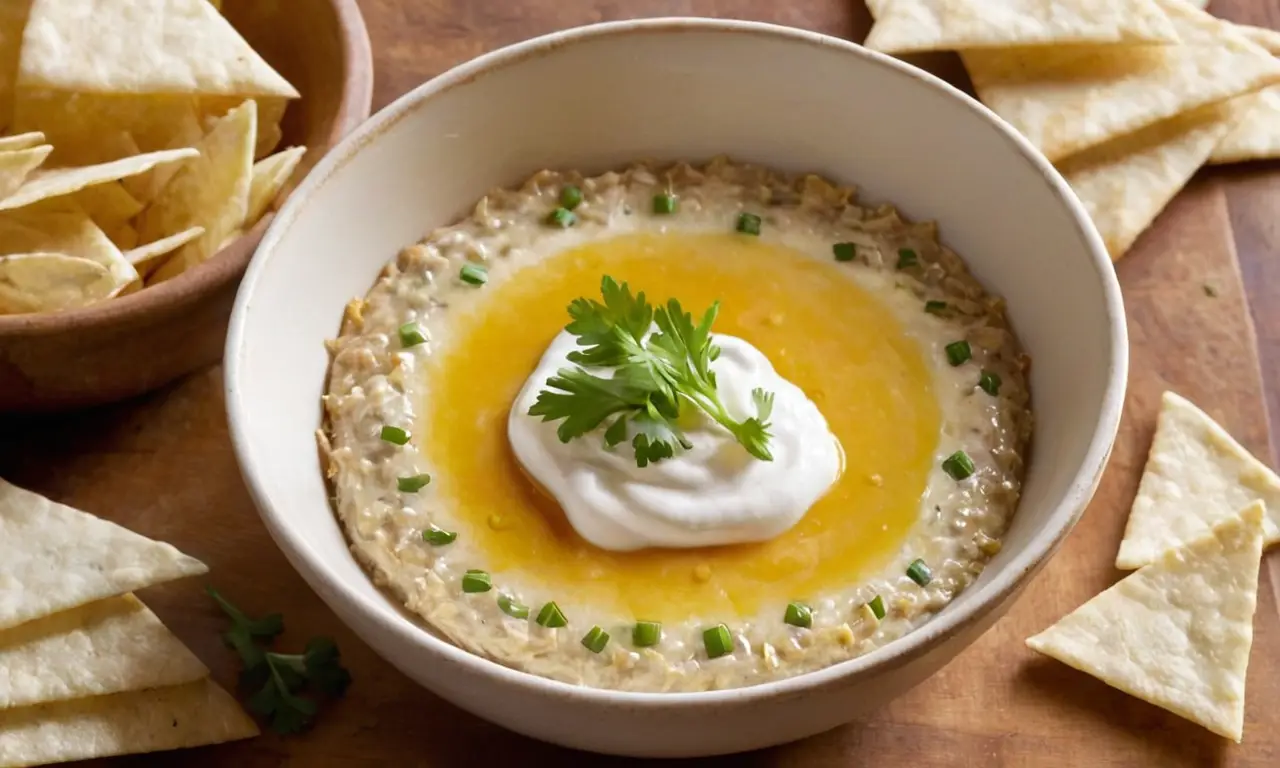 Dip cremoso en bowl rústico con chips