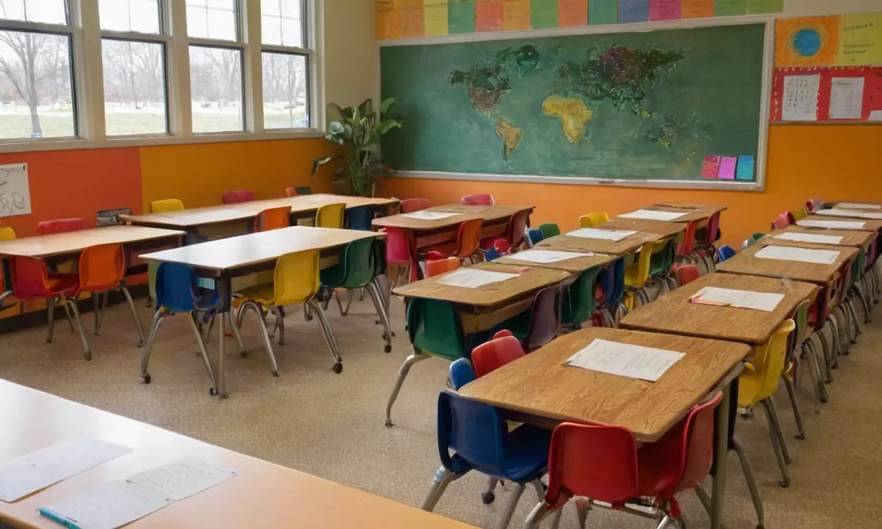 Aula iluminada, estudiantes enfocados y aprendiendo