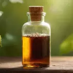 Botella ámbar con naturaleza y luz suave
