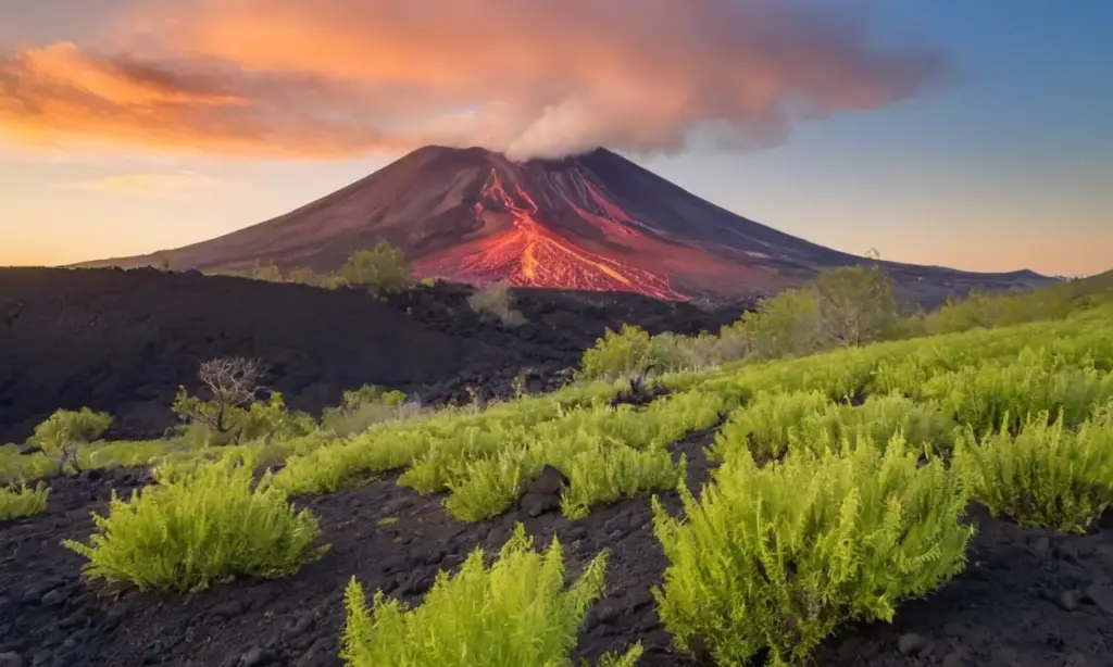 Paisaje volcánico vibrante bajo un cielo azul