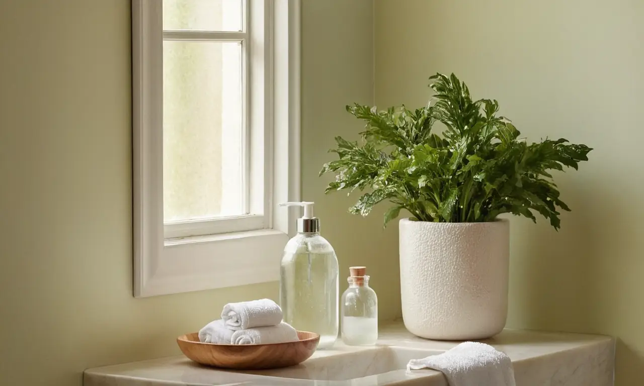 Baño iluminado y acogedor con detalles naturales