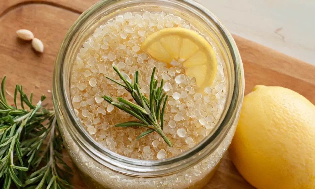 Exfoliante en frasco con limón y hierbas