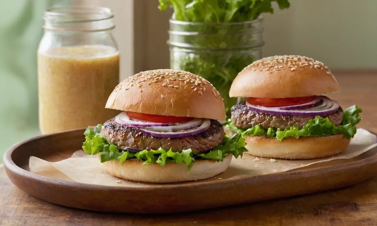 Deliciosas hamburguesas sobre mesa rústica