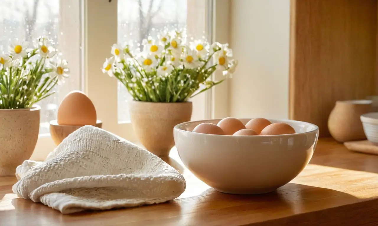 Cocina cálida con huevo fresco y luz