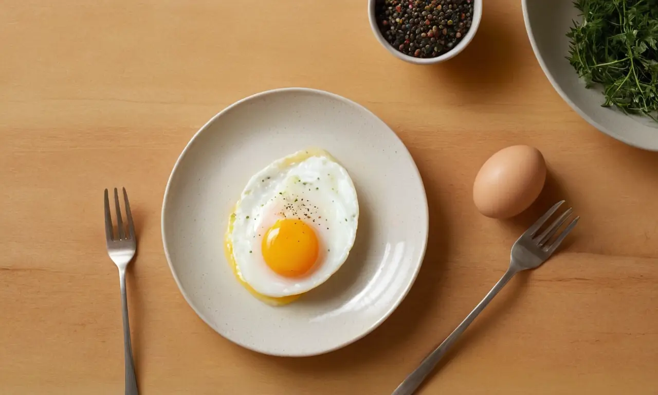 Plato blanco con huevo y hierbas frescas