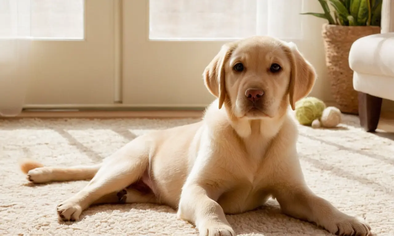 Sala luminosa con un cachorro Labrador juguetón
