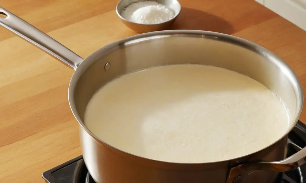 Cacerola brillante, leche azucarada y cálido ambiente