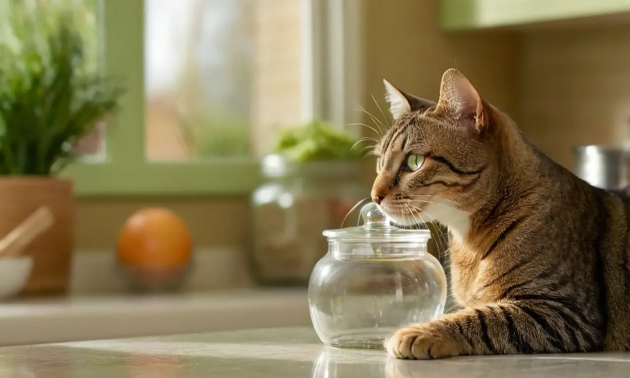 Gato curioso explora frasco de azúcar