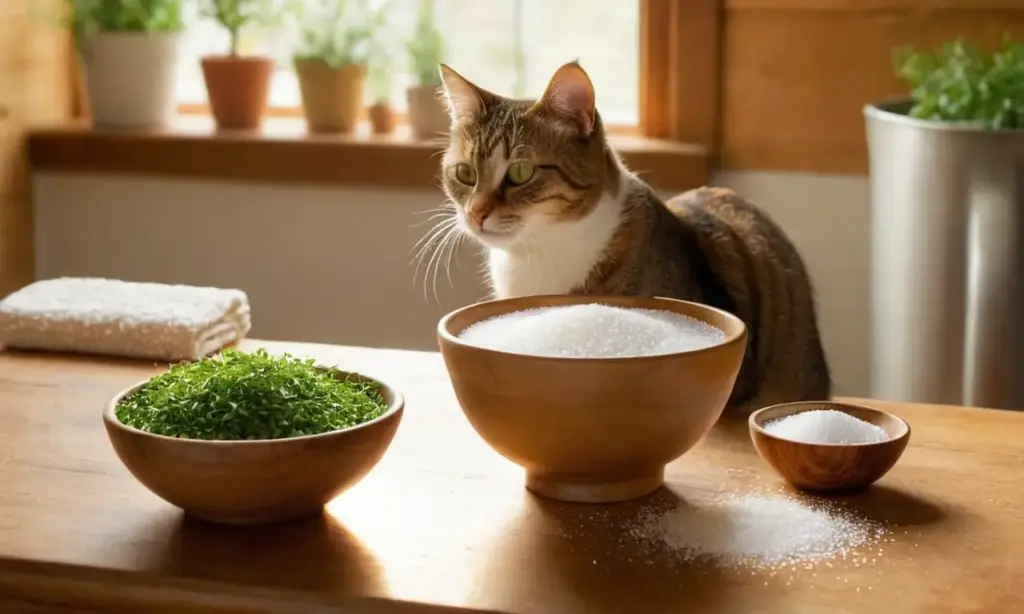 Cálida cocina con luz suave y gato curioso