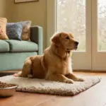 Sala acogedora con perro preocupado y desorden