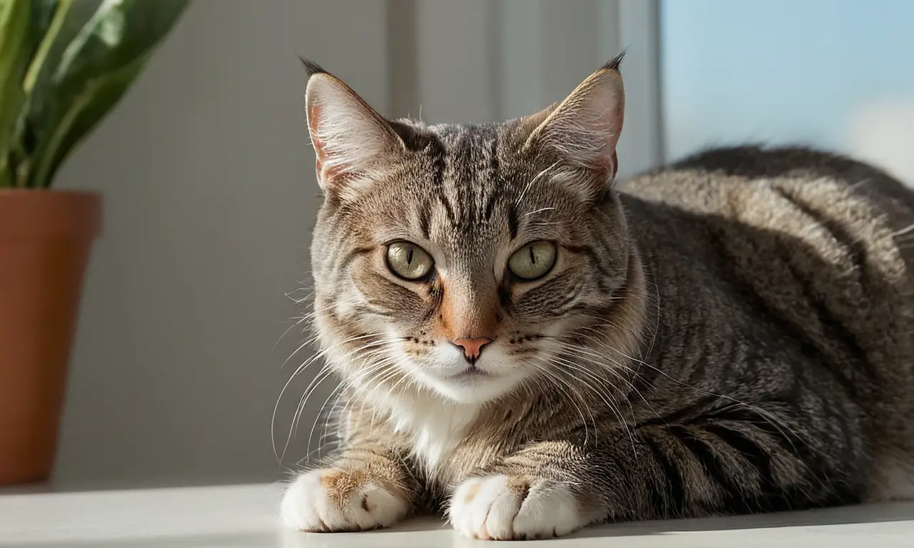 Gato tranquilo en consulta veterinaria iluminada