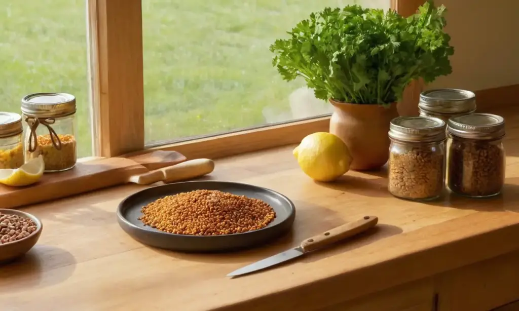 Cocina rústica con ingredientes y un gato curioso