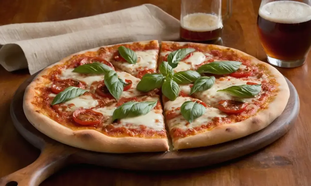 Pizza recién horneada con cerveza fría