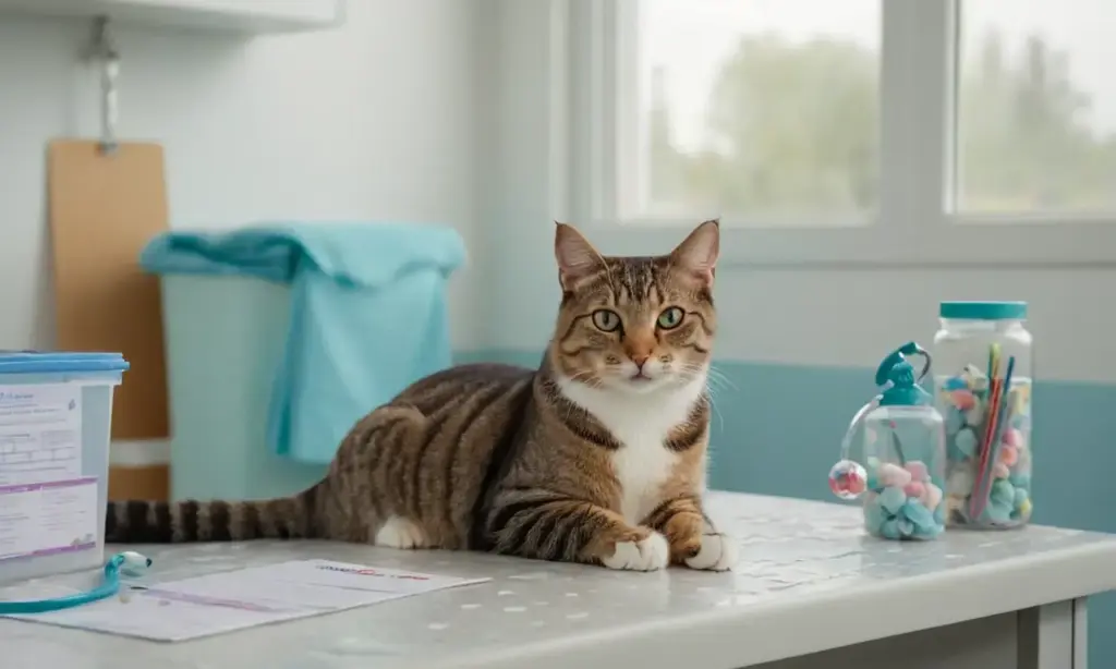 Veterinaria tranquila con un gato alerta