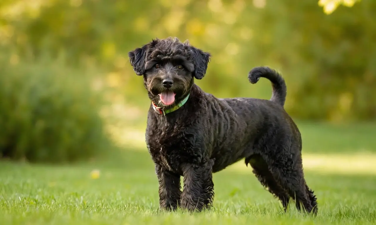 Perro Schnoodle negro, juguetón y elegante