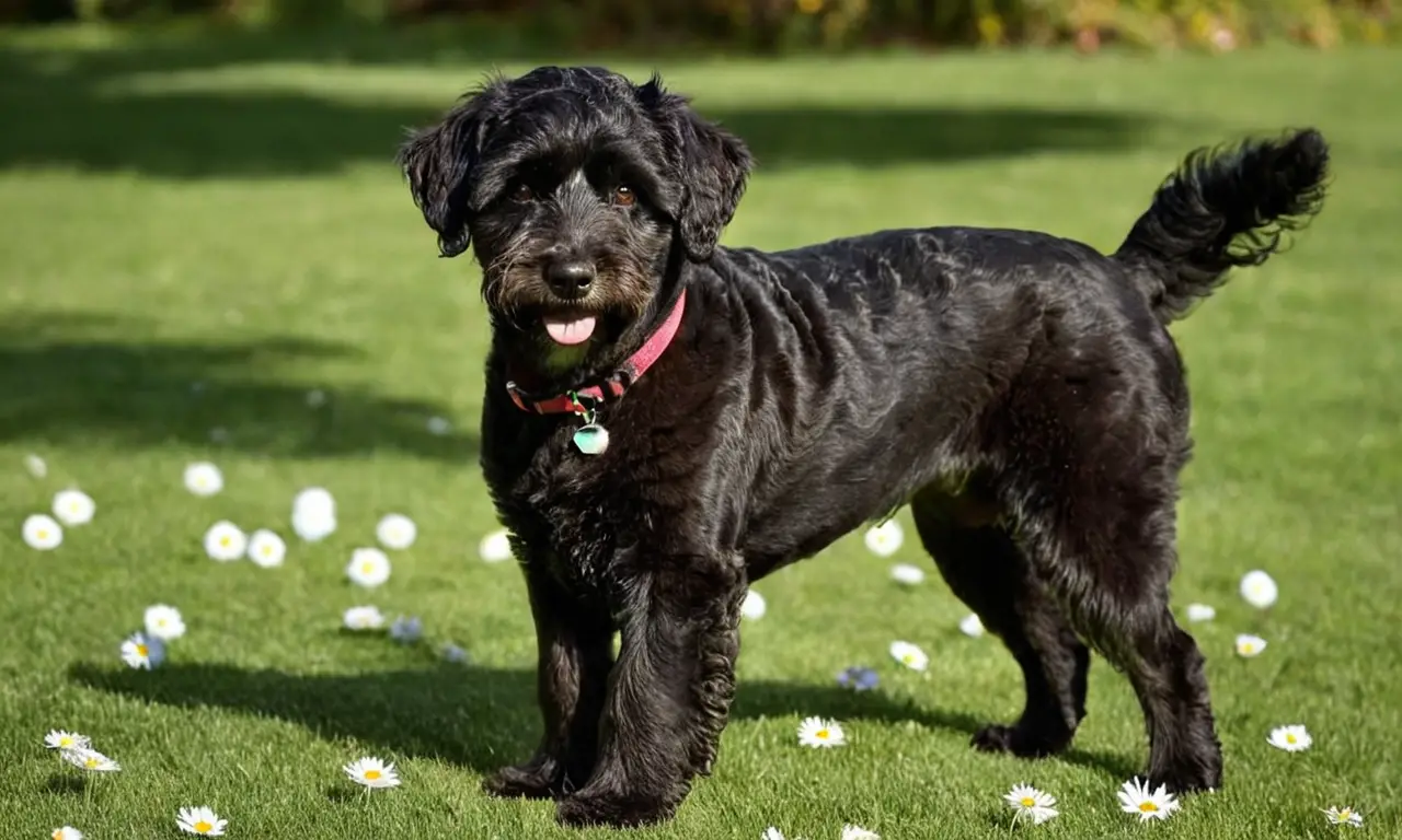 Schnoodle negro y esponjoso en un jardín