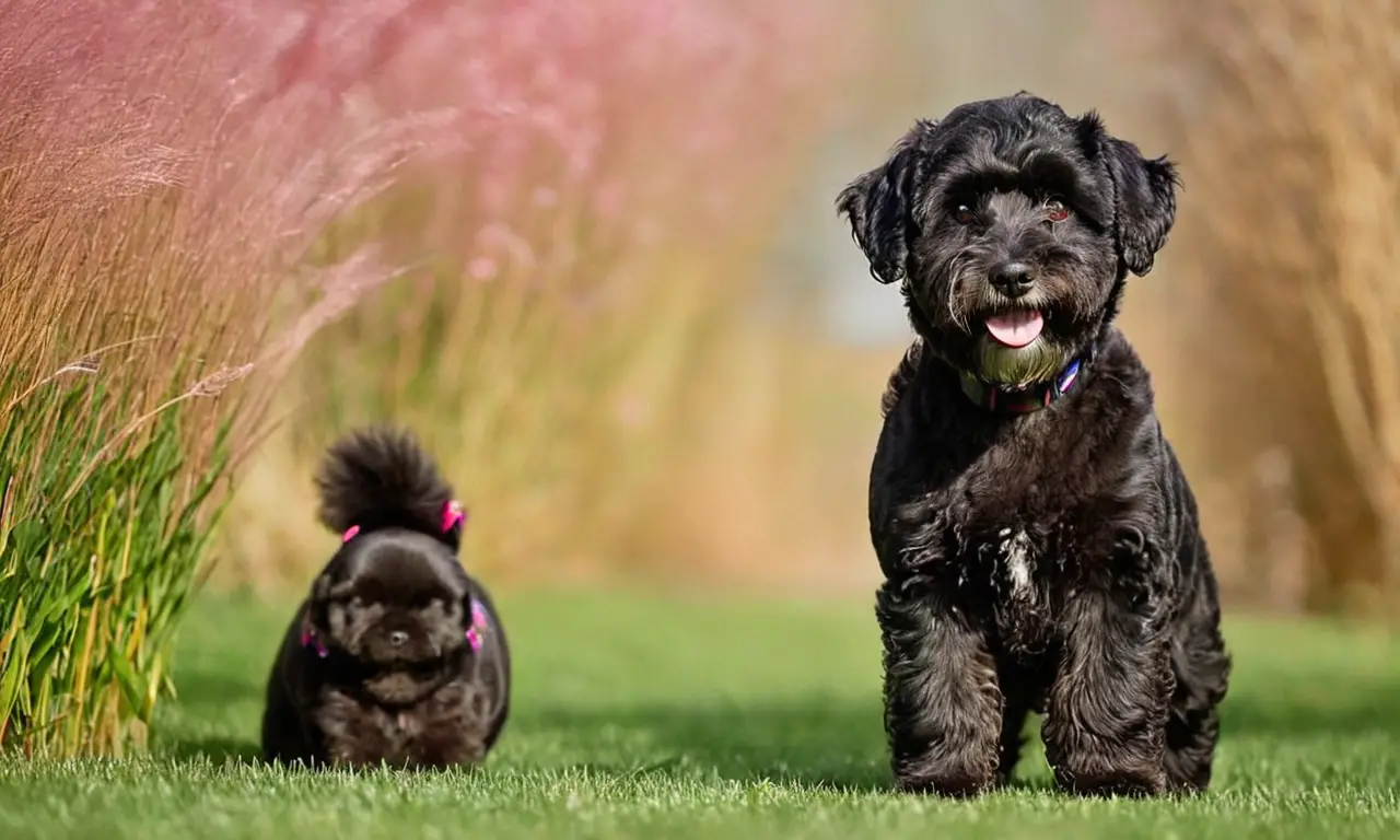 Schnoodle negro feliz en césped verde