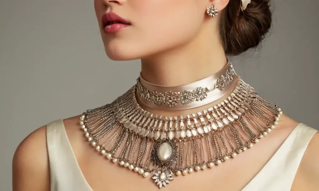 Collares diversos exhibidos en un estudio iluminado