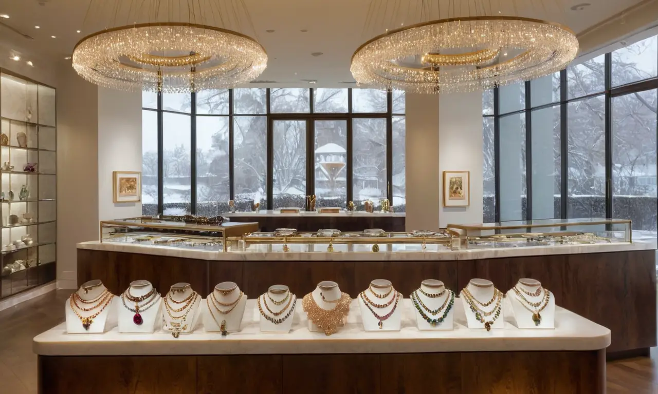 Boutique elegante con joyas brillantes y acogedoras