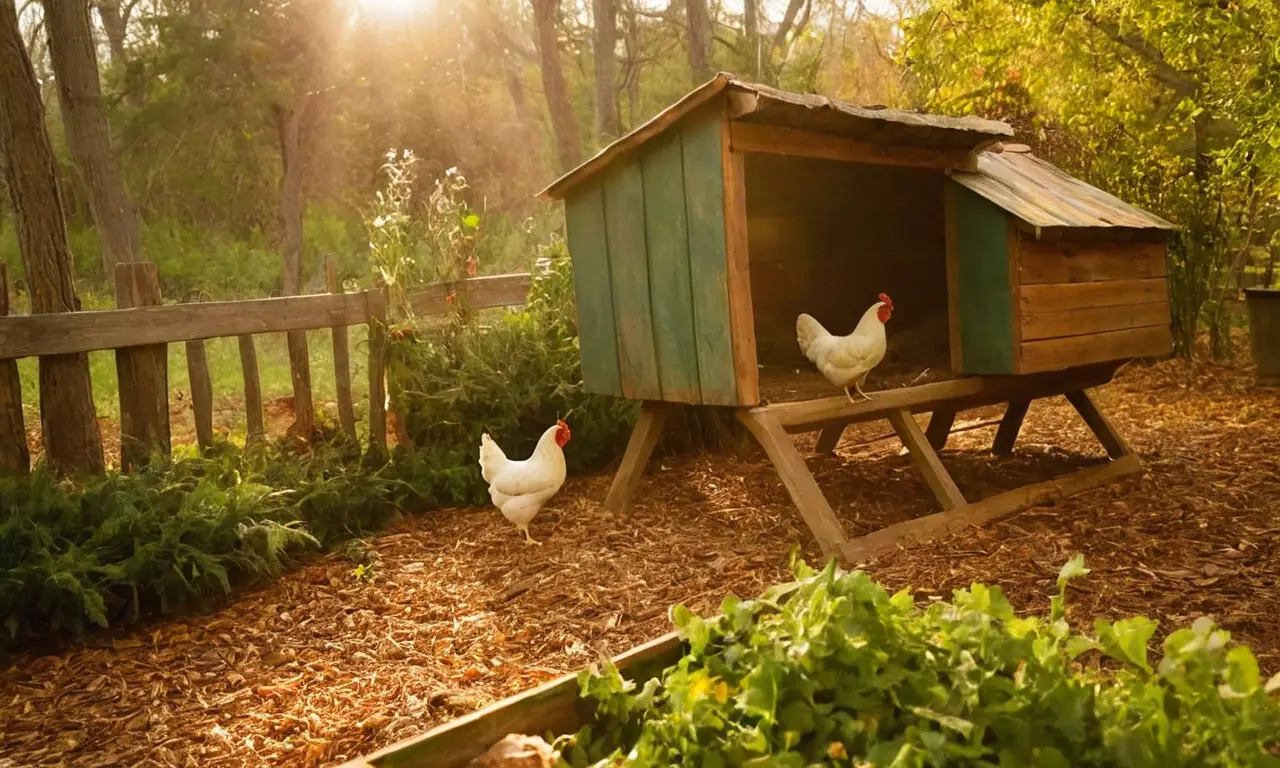 Granja rústica con gallinas en luz dorada