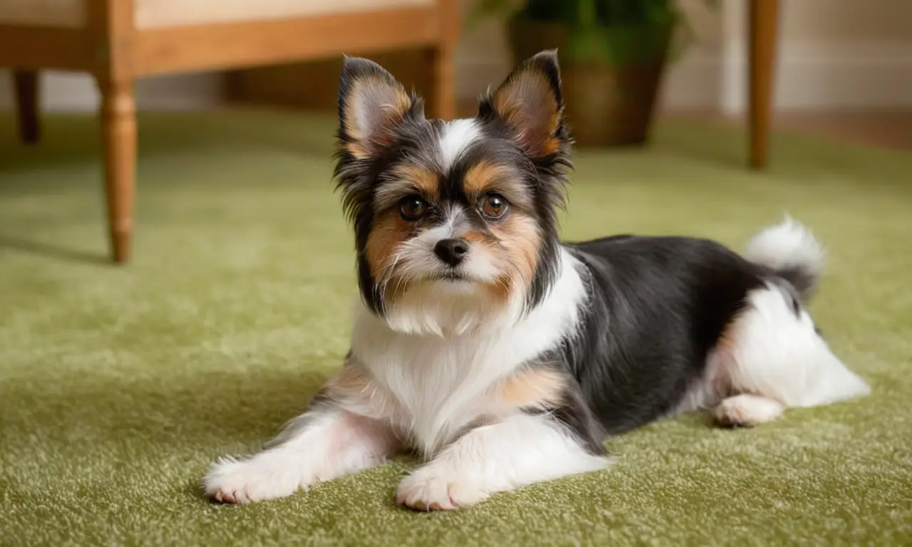 Perro Biewer Yorkshire elegante en alfombra